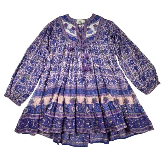 Blue Boheme Tiered Floral Dress Sz.S Purple Tassels Peasant Boho Festival - Picture 6 of 15